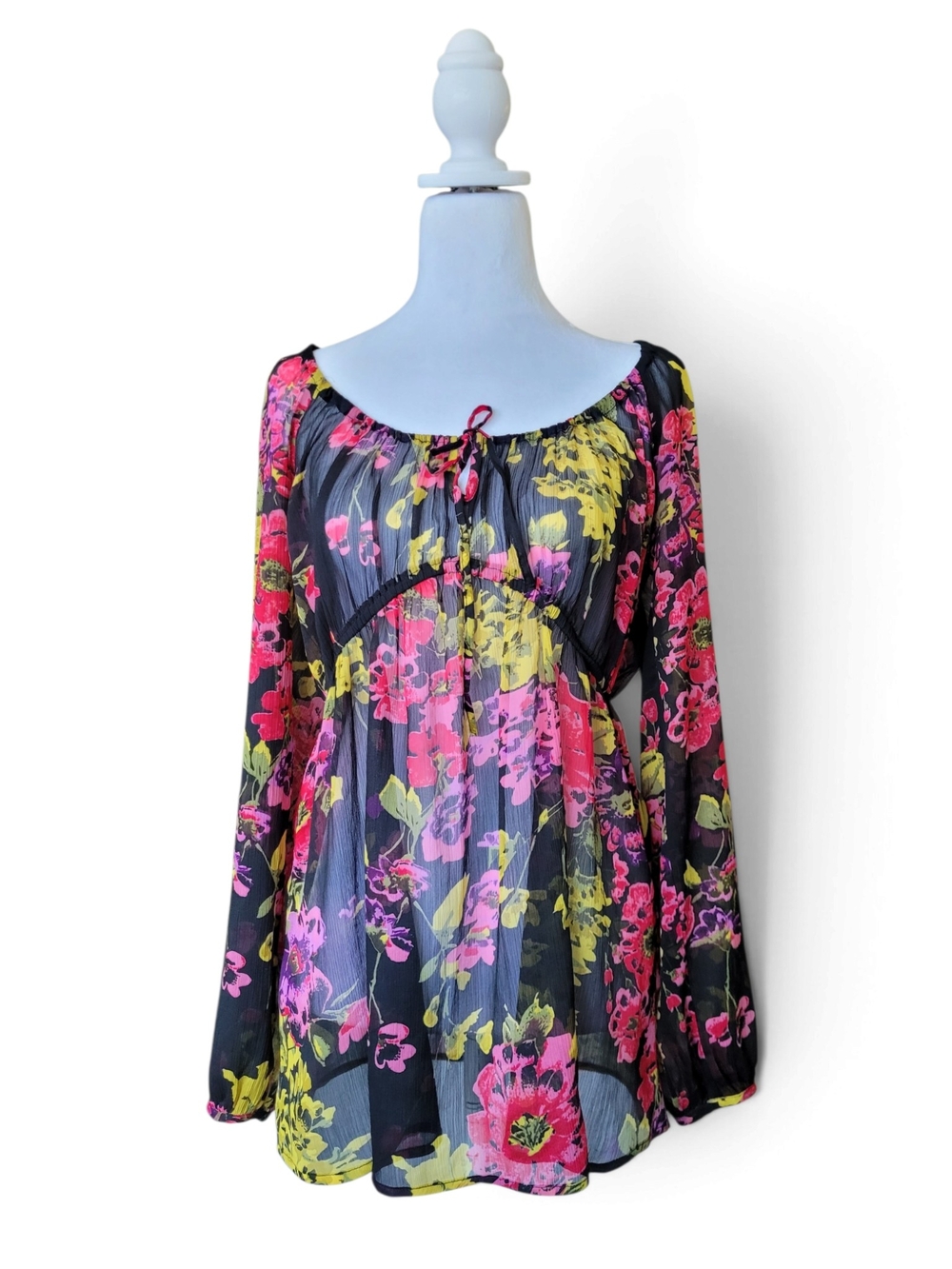 Sheer Chiffon Babydoll Peasant Blouse Black With Floral Y2K Boho Whimsigoth